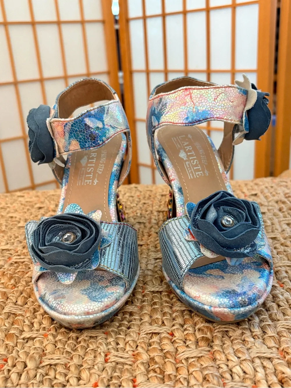 L’Artiste Iridescent Floral Appliqué Block Embellished Heels Blue-Pink Size 35